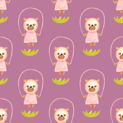 A little bear jumping on a rope. Seamless pattern with pink background. The illustration is hand-drawn in watercolour. It can be used for children's fabrics, packaging paper, pictures, covers.