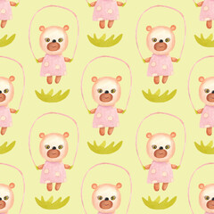 Little bear is jumping on the rope. Seamless pattern with a yellow background. The illustration is hand-drawn in watercolor. Can be used for baby fabrics, wrapping paper, paintings, covers.