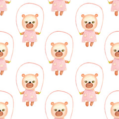 The bear cub jumps on a rope. Watercolor seamless pattern with white background. It can be used for children's fabrics, packaging paper, pictures, covers.