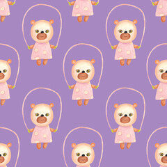 Little bear is jumping on the rope. Seamless pattern with a purple background. The illustration is hand-drawn in watercolor. Can be used for baby fabrics, wrapping paper, paintings, covers.