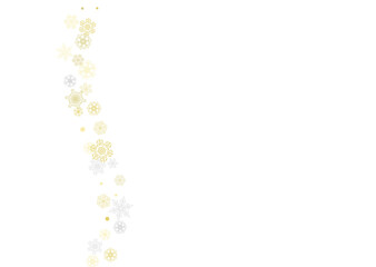 Gold snowflakes frame on white background. New year theme. Horizontal shiny Christmas frame for holiday banner, card, sale, special offer. Falling snow with gold snowflake and glitter for party invite