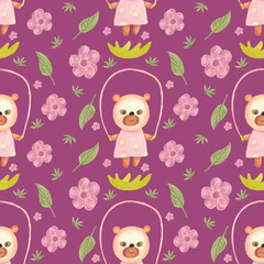 Teddy bear, pink flowers and green leaves on a purple background. Seamless pattern. The bear cub is jumping on the rope. The illustration is hand-drawn in watercolor. It can be used for baby fabrics.