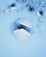 A mock up of realistic White blank cosmetic jar isolated on light blue floral background, 3d rendering , 3D illustration