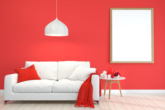 Valentine Home Interior, Luxury Modern Living Room Interior, Red Wall With A Mock Up Poster Frame,  Couch And Coffee Table, 3d Rendering