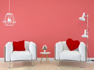 Valentine home interior, luxury wooden floor modern living room interior, pink empty wall mock up with couple sofa and coffee table, 3d rendering