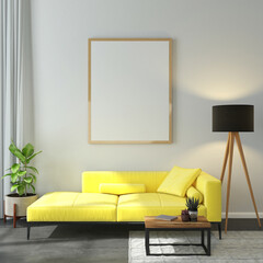 Home interior, luxury modern living room interior, white wall with a mock up poster frame,  couch and coffee table and a tree, 3d rendering