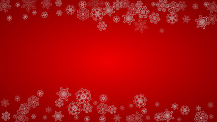 Christmas background with silver snowflakes and sparkles. Horizontal New Year and Christmas background for party invitation, banner, gift cards, retail offers. Falling snow. Frosty winter backdrop.