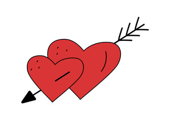 Two red hearts are connected by an arrow. Vector illustration. The concept of Valentine's Day.