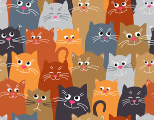 Seamless pattern cat. Cute pet colorful pattern background. Different faces of cats, funny, sad, sleepy. Vector illustration in Flat style.