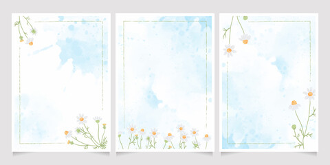 white chamomile  on blue watercolor splash wedding invitation background collection