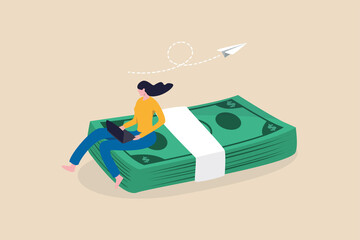 Online business making money, salary or multi income stream, side hustle or side gig earning, investment return concept, young woman working with computer laptop sitting on heap of dollar banknotes.