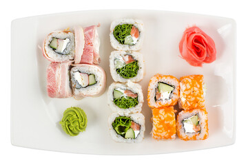 Japan sushi rolls isolated on white background. Restaurant serving concept.