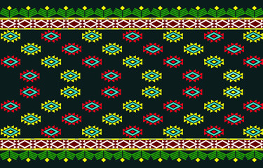 Seamless pattern with flowers, indigenous ethnic geometric fabric pattern with dark green background It has green flowers, yellow shoots are pronounced.