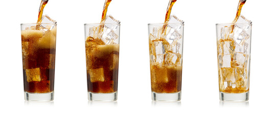 Pouring Cola to glass with ice cubes isolated on white