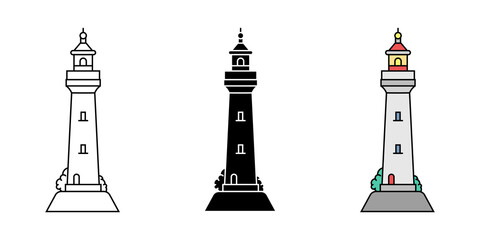 Set of simple flat minimalism lighthouses in three variations. Vector illustration