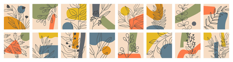 Set of Various Leaves and Flowers, abstract shapes. Line art. Round elements, abstract shapes, lines, floral. Hand drawn Vector illustrations. Minimalistic style. Contemporary Hand drawn illustrations