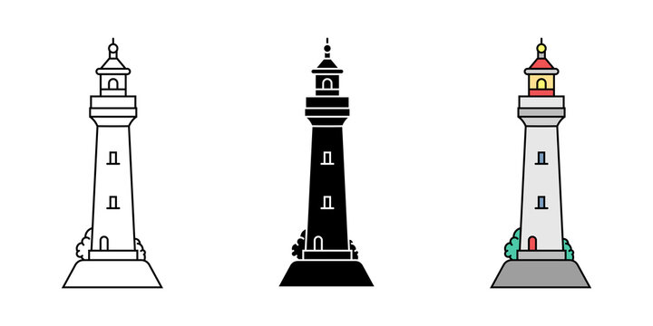 Set of simple flat minimalism lighthouses in three variations. Vector illustration