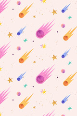 Colorful galaxy watercolor doodle with comets on pastel background vector