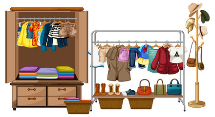 Clothes hanging in wardrobe with accessories and clothes rank on white background