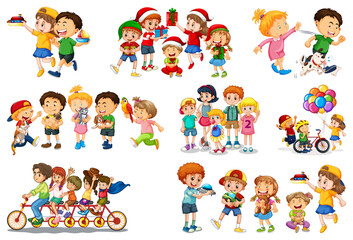 Set of different kid playing with their toys cartoon character isolated on white background