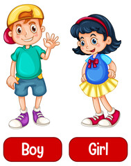 Opposite adjective words with boy and girl on white background