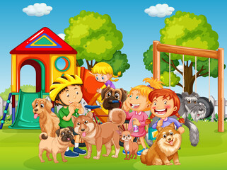 Obraz na płótnie Canvas Playground outdoor scene with many children and their pet