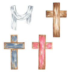 Watercolor set of painted crosses and shroud. Can be used in print design, Easter souvenirs and other creative ideas.