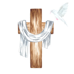 Watercolor illustration of a wooden cross with a shroud on it and a dove. Can be used in print design, Easter souvenirs and other creative ideas.