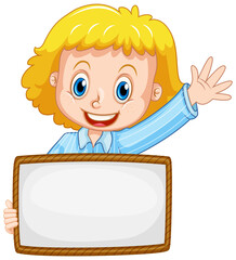 Blank sign template with cute girl on white background