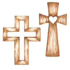 Watercolor illustration of wooden crosses. Can be used in print design, Easter souvenirs and other creative ideas.