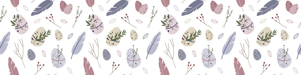 Spring seamless pattern. Cute easter egg, nest, feather, branch, leaves. Eco decoration. Vector flat cartoon illustration. Perfect for textile, wrapping paper
