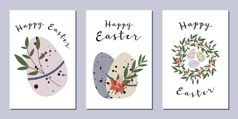 Set of Easter cards. Cute easter egg, nest, branch and leaves. Eco decoration. Vector flat cartoon illustration. Perfect for poster, print, card, invitation, greeting, tag