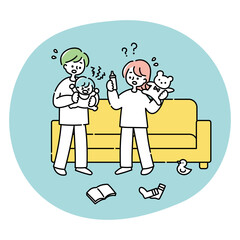 泣いている赤ちゃんと困った夫婦