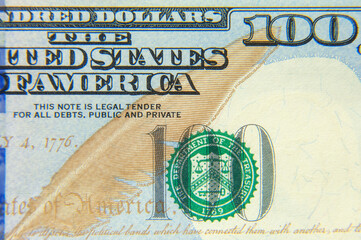 100 dollars banknote closeup macro fragment.