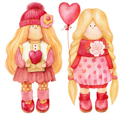 Cute tilda doll. Hand drawn watercolor illustration. Valentines love theme. Isolated on white