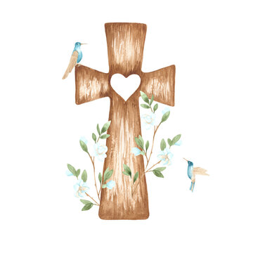 Watercolor wooden cross with blossoming tree branches and birds. Can be used in print design, Easter souvenirs and other creative ideas.