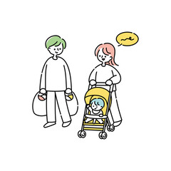 買い物から帰る夫婦と赤ちゃん