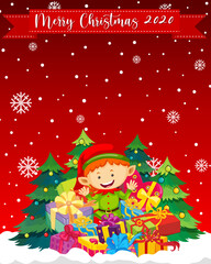 Merry Christmas 2020 font logo with cute elf cartoon character