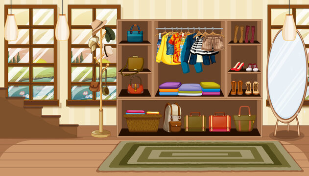 Clothes and accessories in opened wardrobe in the room scene