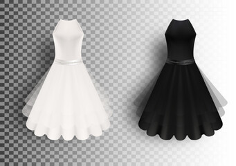 Black and white fluffy dress mockup set, vector illustration isolated on transparent background. Realistic women little cocktail dresses. Ladies clothing and fashion.
