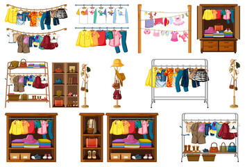 Set of clothes, accessories and wardrobe isolated on white background