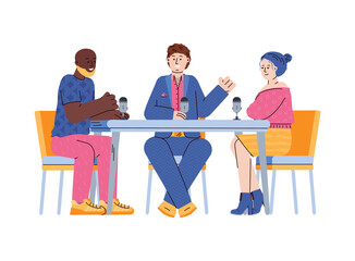 Fototapeta premium Podcast recording in studio scene with people characters sitting at table, flat vector illustration. Radio hosts and guests making record for mass media broadcasting.