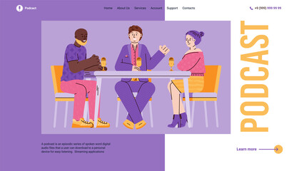 Naklejka premium Podcast radio concept. People journalists or DJs with microphones at studio making broadcasting media content, communicate online, interview or conversation. Vector design for web.