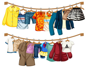 Many clothes hanging on a line on white background