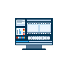 Filmmaking and video cinema production. Computer for footage editing, the screen with storyboard of the film. Flat vector illustration isolated on a white background.
