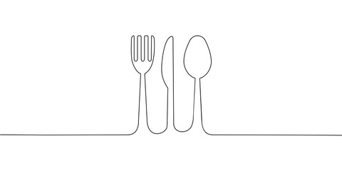 Continuous line drawing of Fork knife and spoon on white background.