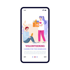 Mobile app on phone screen for volunteering, charity and care for homeless. Female volunteer with cardboard box full of products donate food to poor hungry man. Vector illustration