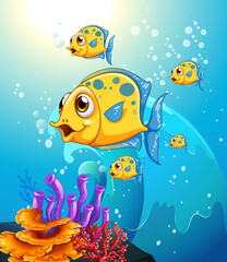 Naklejka na ściany i meble Many exotic fishes cartoon character in the underwater scene with corals