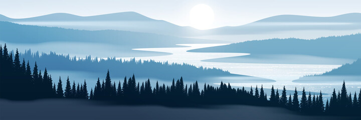 Vector illustration of mountain landscape. Pine forest and mountains in fog. 