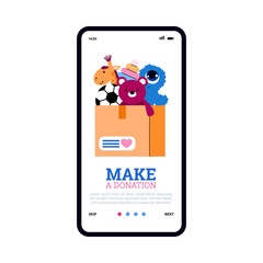 Onboarding page layout for children charity foundation with donation box full of toys, flat vector illustration. Help and support of poor kids, shelters and orphans.